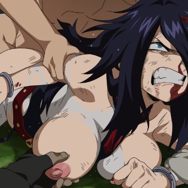 my hero academia, midnight (my hero academia), nemuri kayama, jcm2, 3boys, black hair, blood, blood on face, blue eyes, bodysuit, breast grab, breasts, clenched hands, clenched teeth, cuffs