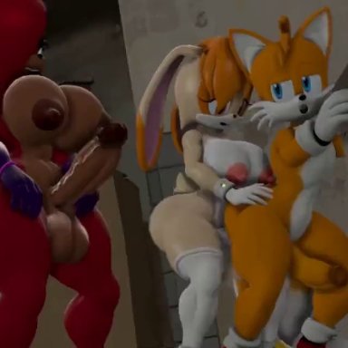 sonic (series), sonic the hedgehog (series), cream the rabbit, miles prower, tails, tails the fox, valentina the bat, blackchaos64, 1boy, 2futas, anal, anal sex, anthro, balls, breasts