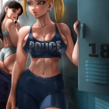 dragon ball, dragon ball z, android 18, background character, elitenappa, 2girls, ass, big ass, big breasts, blonde hair, blue eyes, bra, breasts, cameltoe, clothing