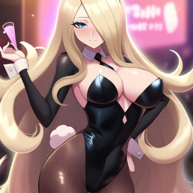 nintendo, pokemon, cynthia (pokemon), 1girls, big breasts, black bow, black gloves, black legwear, black leotard, black pantyhose, blonde hair, blue eyes, bow, bowtie, breasts