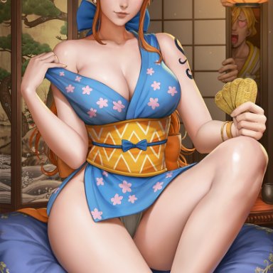one piece, nami, sanji, sciamano240, big breasts, breasts, clothed, clothing, female, looking at viewer