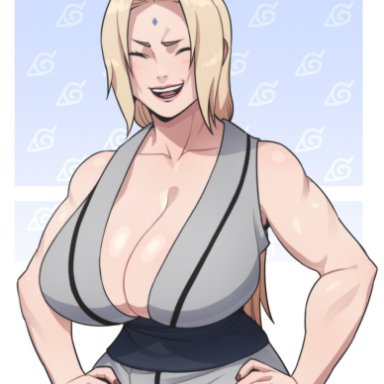 boruto: naruto next generations, naruto, naruto (classic), naruto (series), naruto shippuden, tsunade, kameseru, biceps, big breasts, blonde hair, breasts, busty, cleavage, closed eyes, female