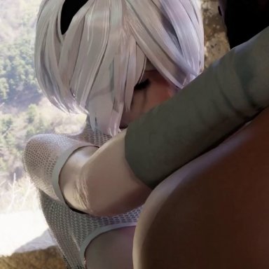 nier, nier: automata, nier (series), yorha 2b, sonivvnsfw, 1boy, 1girls, ass, big ass, bubble butt, dark-skinned male, dark skin, female, hug, huge ass