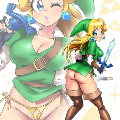 mario (series), nintendo, the legend of zelda, link (cosplay), princess peach, sasatseng, 1girls, ass, back view, bikini, blonde hair, blue eyes, boots, cleavage, cosplay