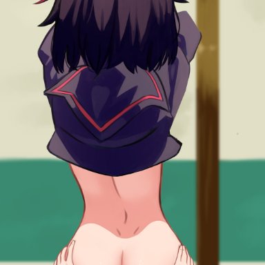 kill la kill, studio trigger, matoi ryuuko, madaotheory, anus, ass, back, black hair, black serafuku, facing away, female, pussy, school uniform, serafuku, solo