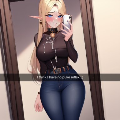 snapchat, nai diffusion, stable diffusion, 1girls, after deepthroat, after fellatio, after oral, belt, big breasts, black shirt, blonde hair, blue eyes, breasts, collar, cum