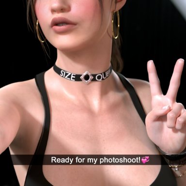 blacked, resident evil, snapchat, claire redfield, missed call, 1girls, blacked clothing, choker, female, hoop earrings, looking at viewer, size queen, solo, v, v sign