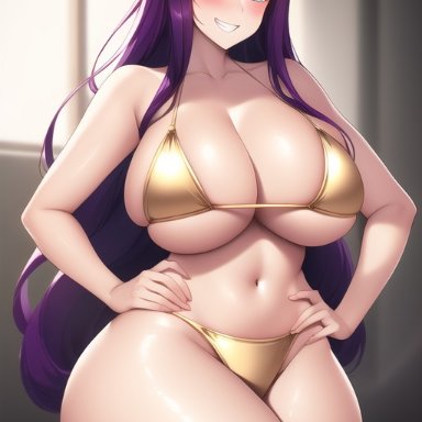league of legends, ahri, nai diffusion, stable diffusion, bikini, blue eyes, curvy, curvy figure, gigantic breasts, gold bikini, hand on hip, huge ass, huge breasts, long hair, looking at viewer