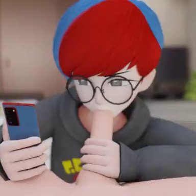 nintendo, pokemon, penny (pokemon), derringersfm, 1boy, 1girls, blowjob, clothed, clothed female, clothed female nude male, glasses, light-skinned female, looking at phone, no pubic hair, oral