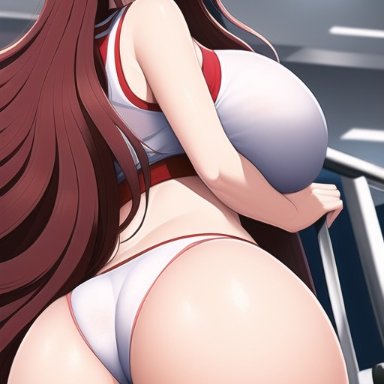 danganronpa, danganronpa zero, ryoko otonashi, nai diffusion, stable diffusion, ass, cameltoe, gym, gym uniform, huge ass, huge breasts, looking at viewer, looking back, midriff, smile