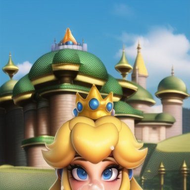 mario (series), nintendo, super mario bros. (2023 film), princess peach, nai diffusion, stable diffusion, blue eyes, castle background, crown, cum, cum in mouth, earrings, sucking, sucking off, sucking penis