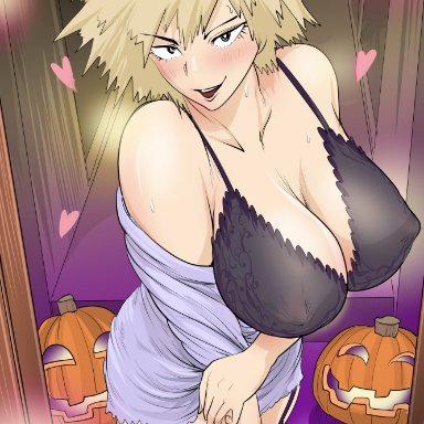 halloween, my hero academia, mitsuki bakugou, raikage art, 1girls, big breasts, black bra, black eyes, black thighhighs, blonde hair, blush, bra, breasts, cleavage, female