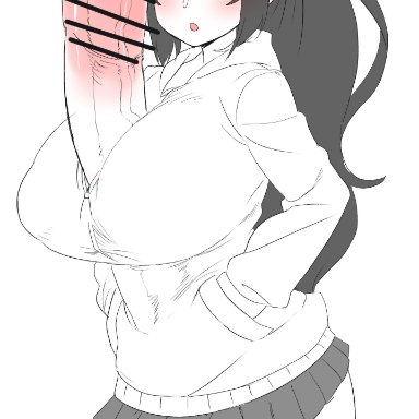 birugurimu, 1futa, autopaizuri, autopaizuri under clothes, balls, big balls, black hair, breasts, clothed, clothing, erect penis, erection, erection under clothes, erection under clothing, erection under skirt