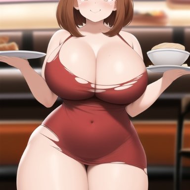 my hero academia, ochako uraraka, funemily1, nai diffusion, stable diffusion, brown eyes, brown hair, cleavage, fat, female, food, large breasts, overweight, red dress, smile