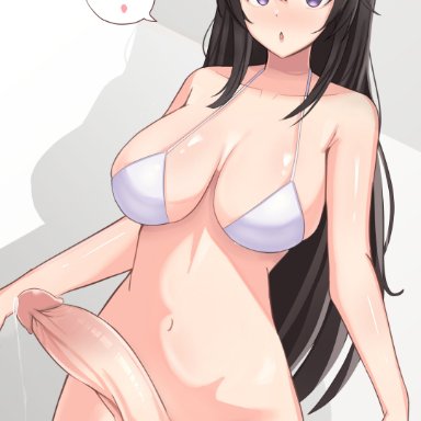 yoshiwo, !, 1futa, balls, big breasts, big penis, bikini top, black hair, bottomless, breasts, clothed, clothing, erect nipples, erection, futa only