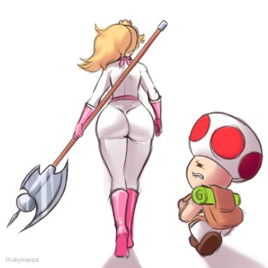 mario (series), super mario bros. (2023 film), princess peach, toad (mario), riukykappa, 1boy, 1girl, ass, ass focus, backpack, battle axe, belt, big ass, biting lip, blonde hair