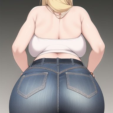 metroid, samus aran, nai diffusion, stable diffusion, ass focus, blonde hair, curvy, gigantic ass, high waisted pants, huge ass, shiny hair, white tank top, ai generated