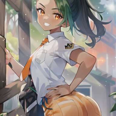 nintendo, pokemon, pokemon (game), pokemon sv, nemona (pokemon), kix (artist), nai diffusion, stable diffusion, 1girls, ass, bag, black hair, blush, boobs and butt pose, dark-skinned female