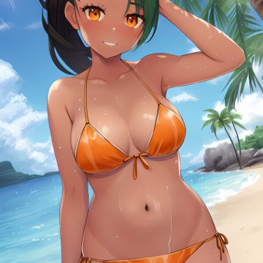 game freak, nintendo, pokemon, pokemon sv, nemona (pokemon), nai diffusion, stable diffusion, 1girls, beach, bikini, breasts, cleavage, dark-skinned female, dark skin, female