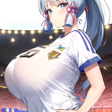 genshin impact, mihoyo, world cup, kamisato ayaka, nai diffusion, stable diffusion, 1girls, alternate breast size, blue eyes, blue hair, breasts, busty, female, football, huge breasts