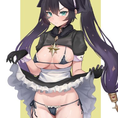 genshin impact, mona (genshin impact), dnumde, 1girls, big ass, big breasts, dress lift, female, female only, maid, maid uniform