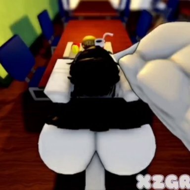 mcdonald's, roblox, roblox avatar, robloxian, xzgrl, big ass, black hair, doggy style, horn, pov, short skirt, thick ass, 3d, animated, no sound