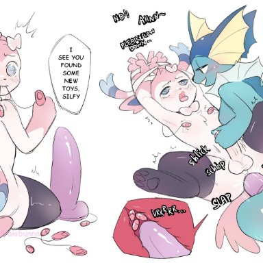 nintendo, pokemon, eeveelution, generation 1 pokemon, generation 6 pokemon, pokemon (species), sylveon, vaporeon, akibun, anal, anthro, balls, blush, bodily fluids, bondage