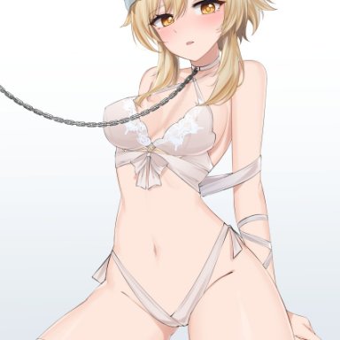 genshin impact, lumine (genshin impact), feint721, 1girls, arms behind back, blonde hair, bra, breasts, chain leash, choker, flower in hair, highleg, highleg panties, leash, looking at viewer