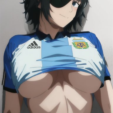 chainsaw man, shounen jump, world cup, himeno (chainsaw man), 92 brks, 1girls, argentina, argentine flag, big breasts, eye patch, female, female only, midriff, navel, shirt lift