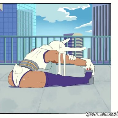 my hero academia, miruko, rumi usagiyama, zeromomentai, animal ears, ass, bunny ears, dark skin, face down ass up, long hair, shaking butt, stretching, tail, top-down bottom-up, white hair