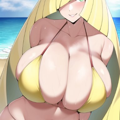 pokemon, pokemon sm, lusamine (pokemon), nai diffusion, stable diffusion, 1girls, beach, big breasts, blonde hair, blush, cleavage, curvaceous, curvy, curvy figure, detailed background