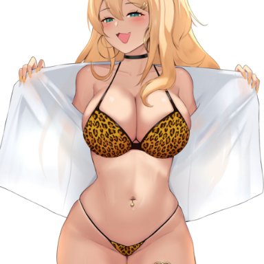 goddess of victory: nikke, rupee (nikke), hioyami, 1girls, belly button piercing, bikini, blonde hair, breasts, cleavage, female, gyaru, high ponytail, hoop earrings, huge breasts, large breasts