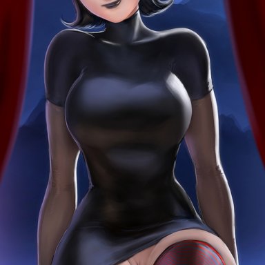 hotel transylvania, mavis dracula, izhardraws, black hair, black lipstick, blue eyes, goth, hair between eyes, short hair, striped legwear, thighhighs, turtleneck dress, upskirt, vampire, tagme