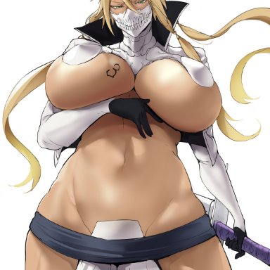 bleach, arrancar, tia harribel, puzenketsu, 1girls, arm under breasts, bangs, black gloves, blonde hair, breast tattoo, breasts, cowboy shot, cropped jacket, crossed bangs, dark-skinned female