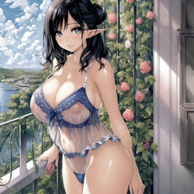 original, nai diffusion, stable diffusion, 1girls, big breasts, black hair, elf, elf ears, elf female, female, female only, long hair, looking at viewer, nipple bulge, pink nipples