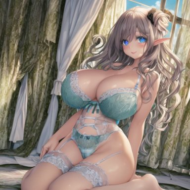 oc, original character, valtyria, nai diffusion, stable diffusion, blue eyes, elf, elf ears, elf female, elf girl, milf, silver hair, white hair, ai generated, commentary request