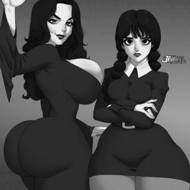 the addams family, morticia addams, wednesday addams, jay-marvel, 2girls, ass, big ass, big breasts, big butt, black hair, breasts, cheekbones, cleavage, clothed, collared dress