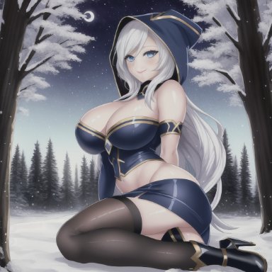 league of legends, riot games, ashe (league of legends), ree0, stable diffusion, 1girls, big breasts, blue eyes, blue skirt, campfire, female, female only, forest, hood, hood up
