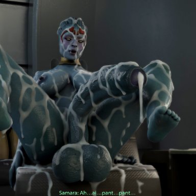 mass effect, no nut november, asari, samara, banap, asari futanari, big balls, big penis, blue skin, breasts, cum, cum drip, cum everywhere, cum on body, cum on breasts