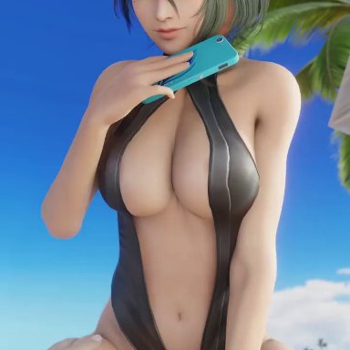 dead or alive, tamaki (doa), audiodude, lazyprocrastinator, 1boy, 1boy1girl, 1girl, asian female, beach, black hair, bouncing breasts, breasts, cleavage, cleavage cutout, faceless male