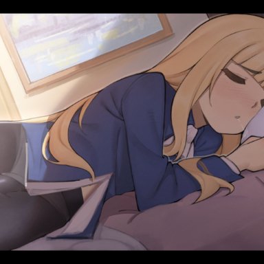 strike witches, world witches series, perrine h clostermann, frip, 1futa, bangs, bed, blonde hair, blush, breasts, bulge, closed eyes, clothed, clothing, covered penis