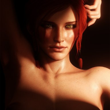 the witcher (series), the witcher 2, the witcher 3: wild hunt, triss merigold, thiccboyseven, 1girls, areolae, blush, blushing, breasts, eye contact, female, female focus, female only, ginger