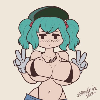 touhou, nitori kawashiro, zedrin, 1girls, black bra, blue hair, bouncing breasts, bra, breasts, female, key, key necklace, large breasts, solo, solo female