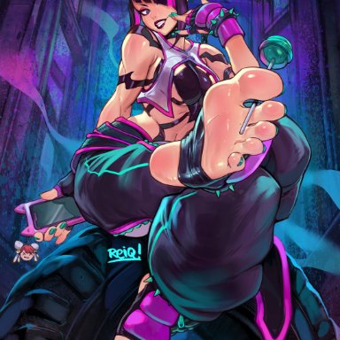 street fighter, street fighter v, juri han, reiq, feet, female, fingerless gloves, foot fetish, gloves, makeup, nail polish, pointy hair, purple eyes, sadistic smile, soles