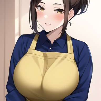 nintendo, pokemon, pokemon sv, mother (pokemon sv), nai diffusion, stable diffusion, 1girls, apron, breasts, brown eyes, brown hair, cleavage, clothed, female, female focus