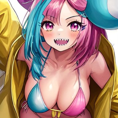 nintendo, pokemon, pokemon sv, gym leader, iono (pokemon), nai diffusion, stable diffusion, 1girls, bikini, blue hair, breasts, female, jacket, large breasts, pink eyes