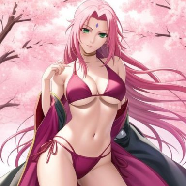 boruto: naruto next generations, naruto, naruto (series), sakura haruno, nai diffusion, stable diffusion, 1girls, alternate hair length, alternate hairstyle, bra, cherry blossoms, green eyes, kimono, lingerie, long hair