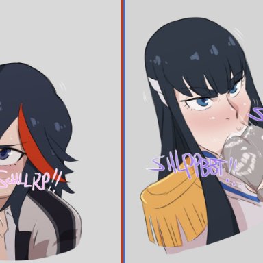 kill la kill, studio trigger, kiryuuin satsuki, matoi ryuuko, guillion (toshkarts), 2boys, 2girls, ball sucking, balls, big balls, big penis, black lipstick, black lipstick mark on penis, circumcised, clothed female nude male