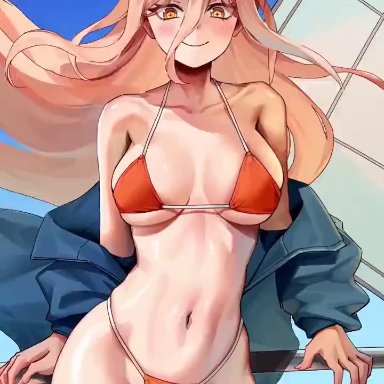 chainsaw man, power (chainsaw man), foxy rain, foxyrain, foxyreine, 1girls, alternate breast size, bangs, bare shoulders, beach, belly button, bikini, blonde hair, blue jacket, blue sky