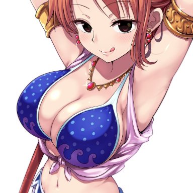 one piece, nami, kasai shin, 1girls, alabasta, arm band, arm bands, armpits, arms up, big breasts, breasts, cleavage, clima-tact, curvy, dancer